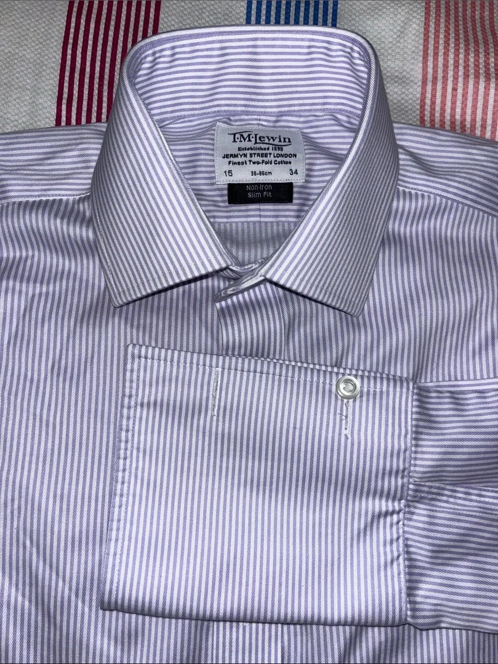 French Cuff T. M Lewin Purple Stripe business dress shirt 15 x 34 Slim Non Iron